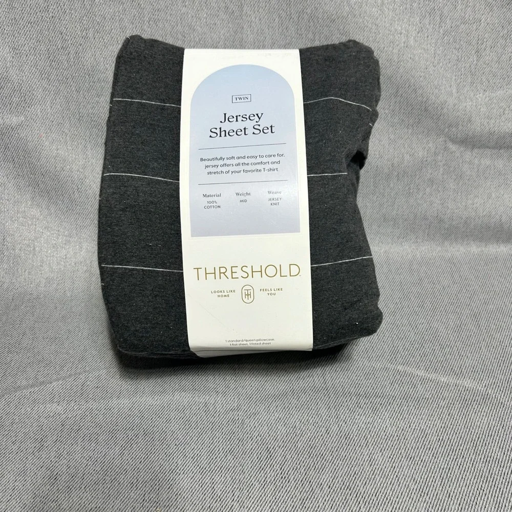 Threshold Twin Jersey Sheet Set Charcoal Gray Striped 100% Cotton 3pc Set